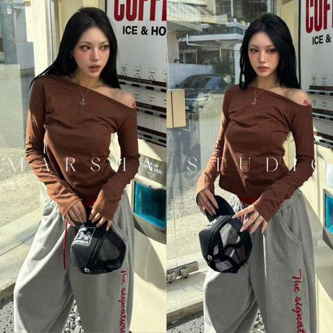 TOP｜LONG｜NUEUN｜細條紋斜肩長袖t恤 (7)