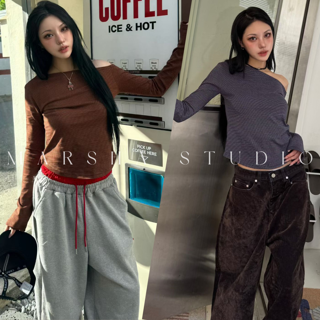 TOP｜LONG｜NUEUN｜細條紋斜肩長袖t恤