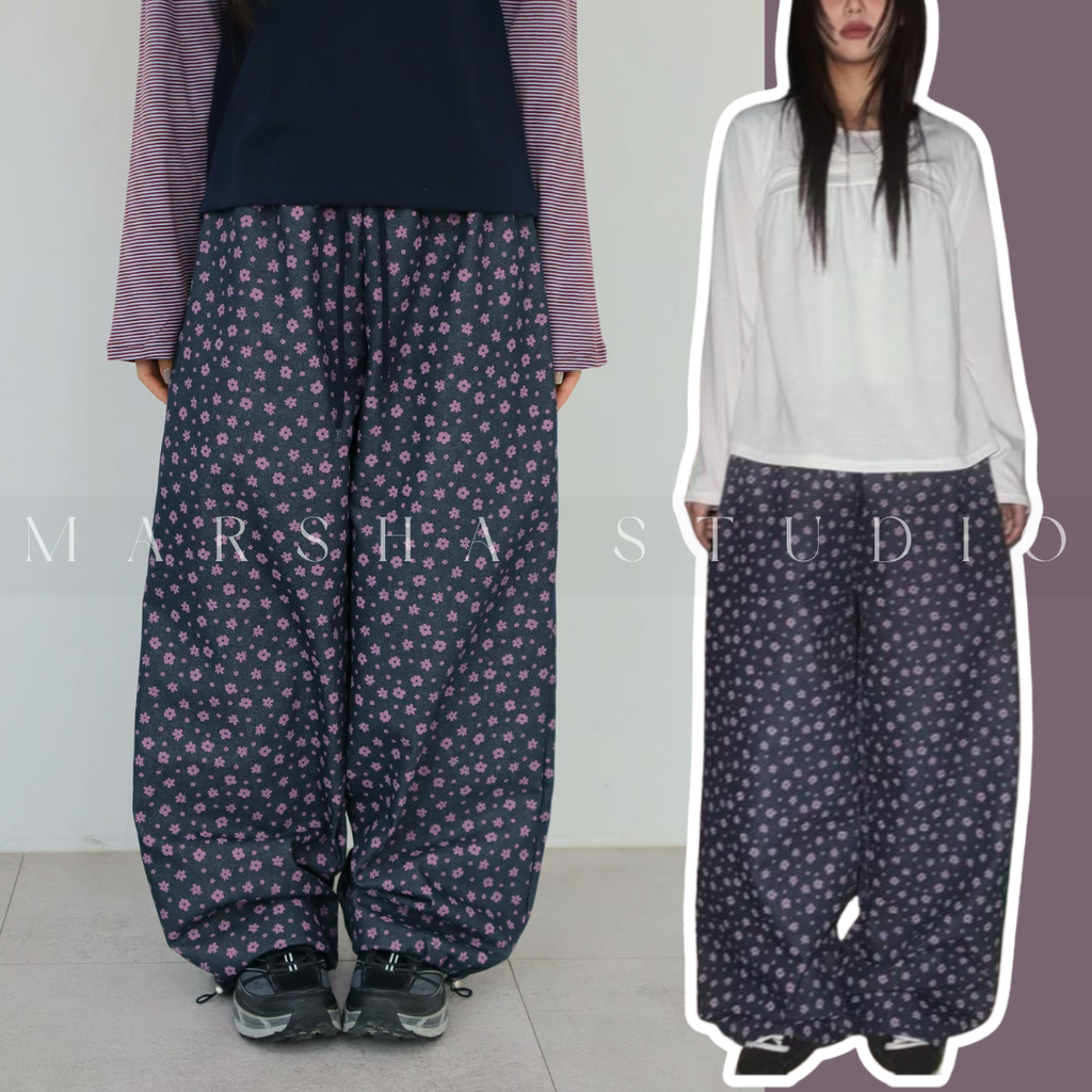 BOTTOM｜PANTS｜WooJoo｜小花鬆緊抽繩寬褲 (5)