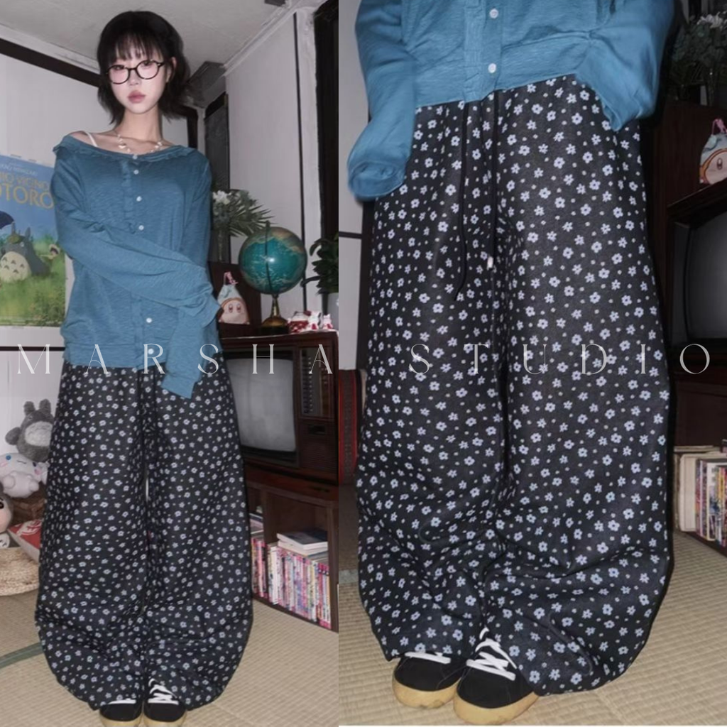 BOTTOM｜PANTS｜WooJoo｜小花鬆緊抽繩寬褲 (9)