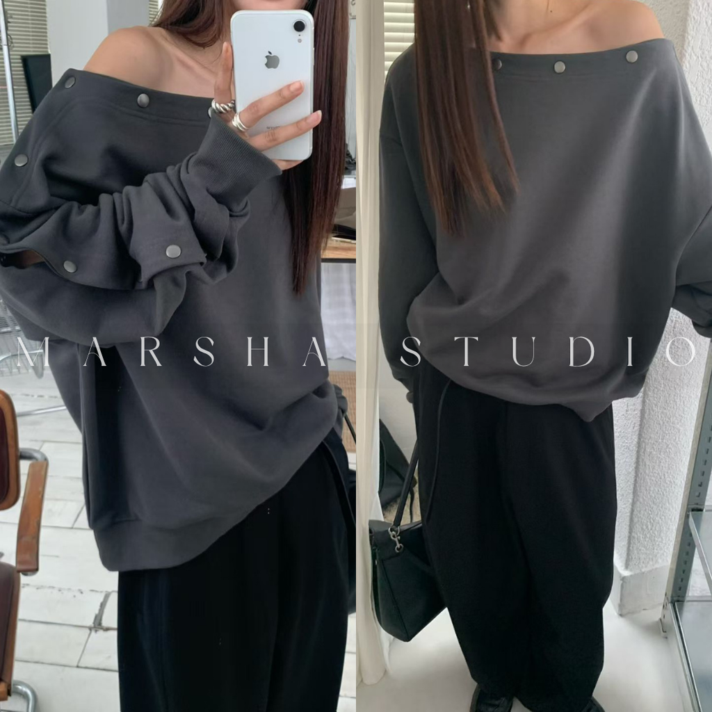 TOP｜LONG｜MONMOUTH｜金屬釦造型斜肩長袖上衣mtm (4)