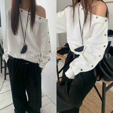 TOP｜LONG｜MONMOUTH｜金屬釦造型斜肩長袖上衣mtm (3)