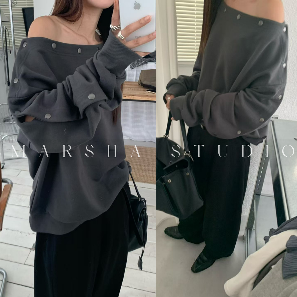 TOP｜LONG｜MONMOUTH｜金屬釦造型斜肩長袖上衣mtm (2)