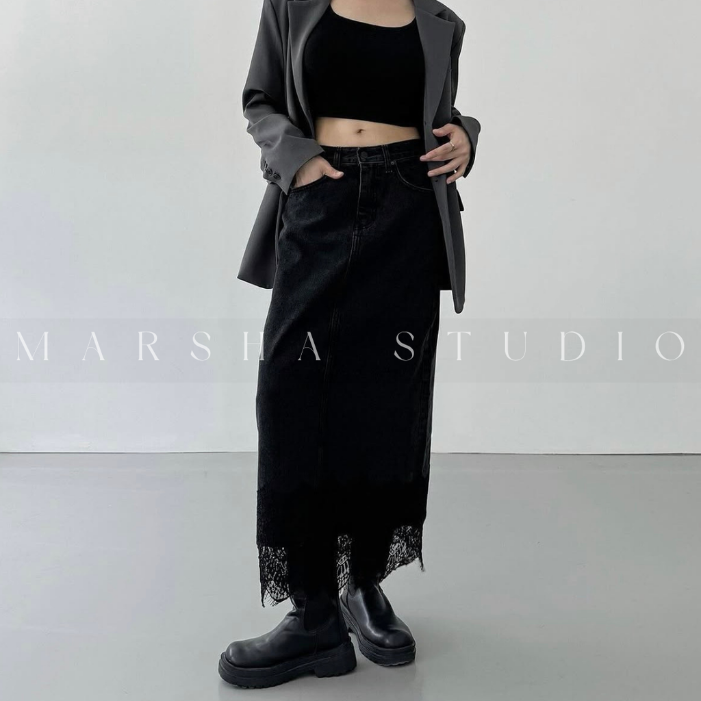 ❮韓國❯6CK13下擺蕾絲拼接後開衩牛仔長裙1