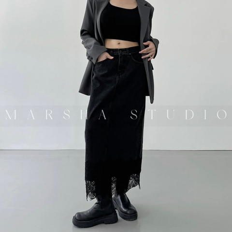 ❮韓國❯6CK13下擺蕾絲拼接後開衩牛仔長裙1