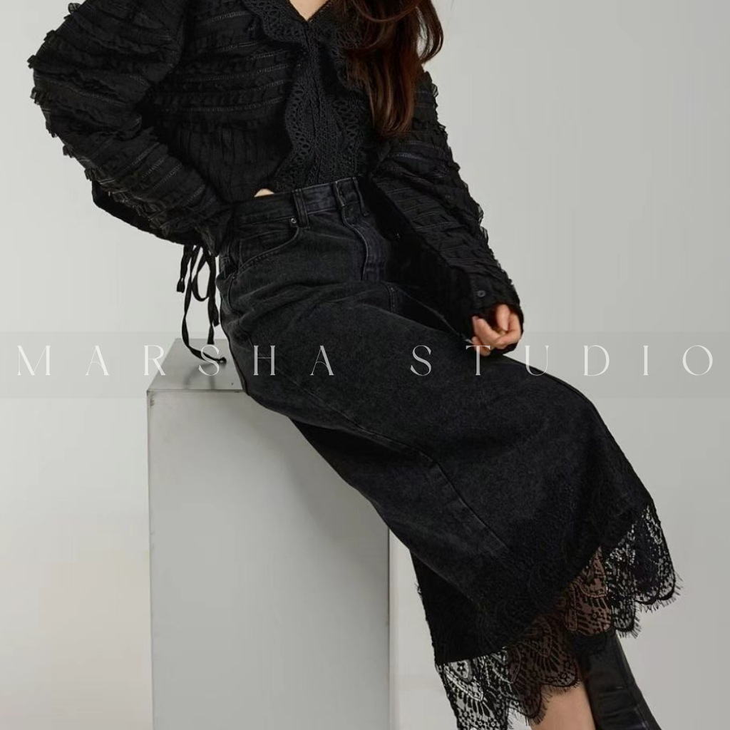 ❮韓國❯6CK13下擺蕾絲拼接後開衩牛仔長裙4