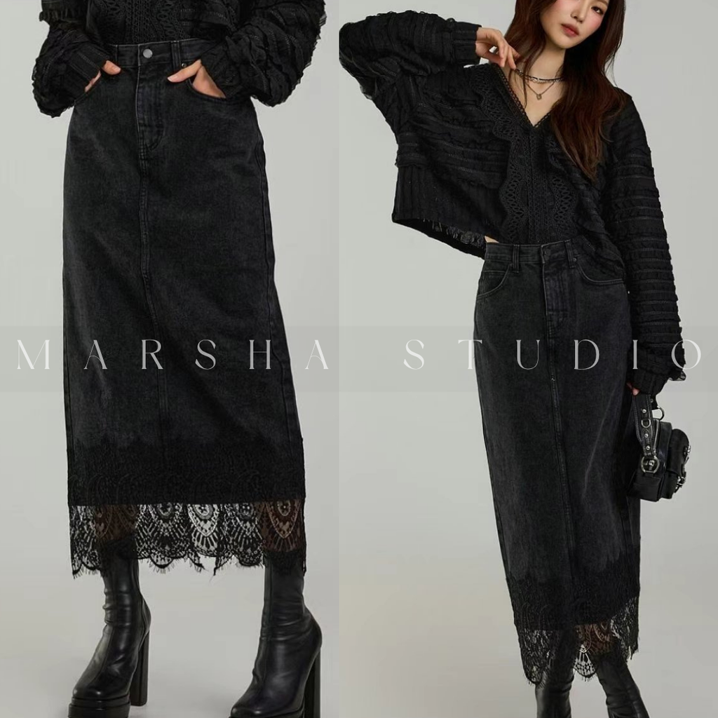 ❮韓國❯6CK13下擺蕾絲拼接後開衩牛仔長裙2
