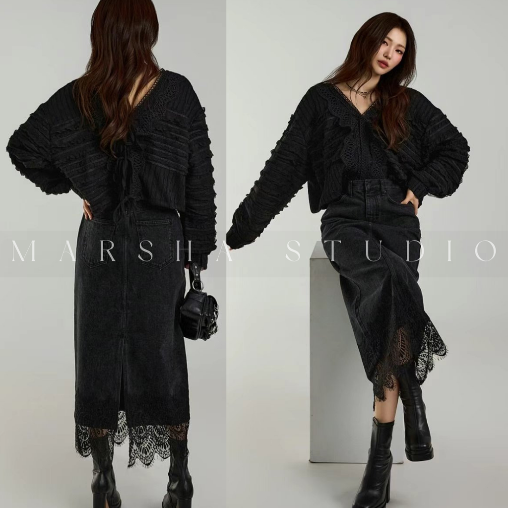 ❮韓國❯6CK13下擺蕾絲拼接後開衩牛仔長裙3