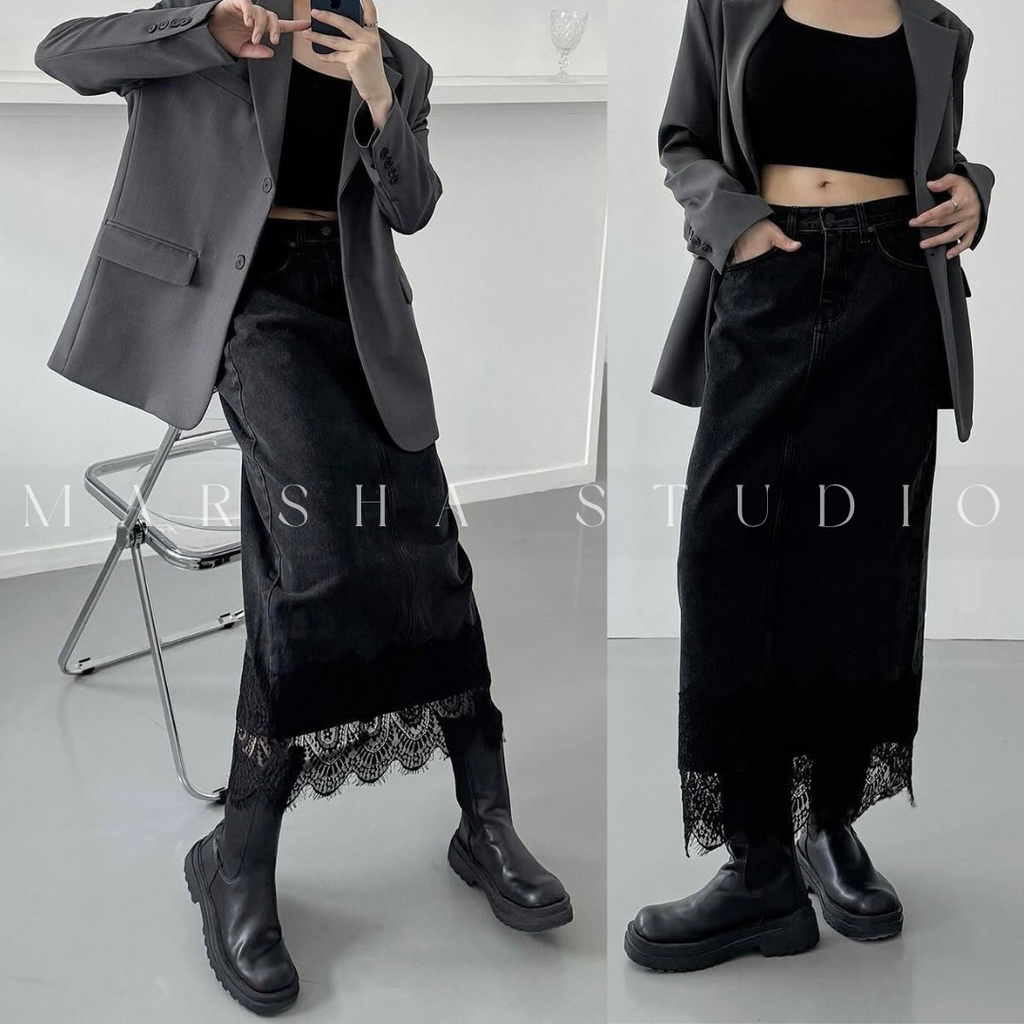 ❮韓國❯6CK13下擺蕾絲拼接後開衩牛仔長裙0