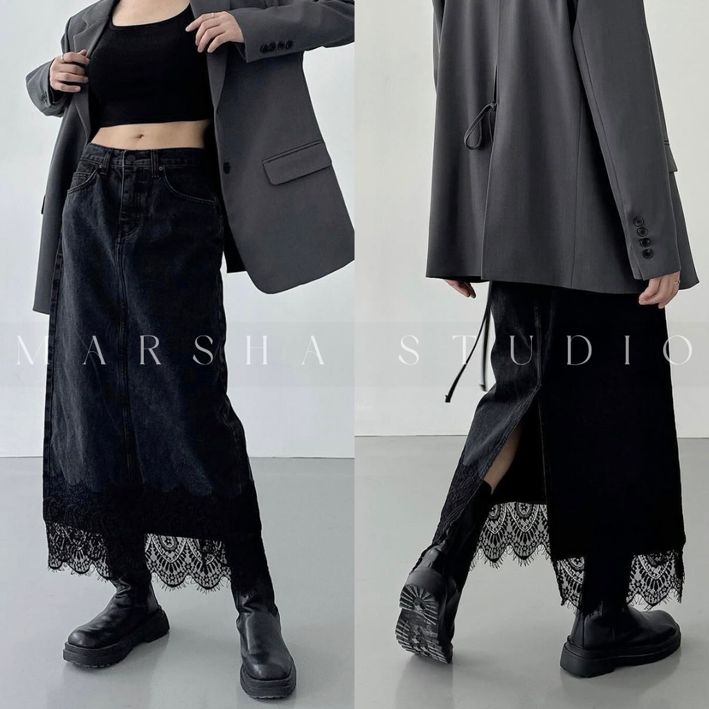 ❮韓國❯6CK13下擺蕾絲拼接後開衩牛仔長裙9