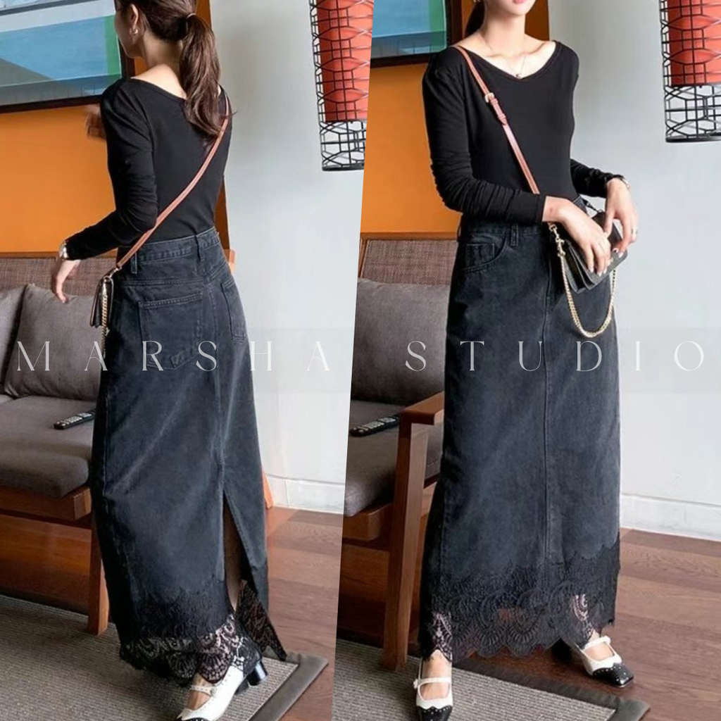 ❮韓國❯6CK13下擺蕾絲拼接後開衩牛仔長裙7