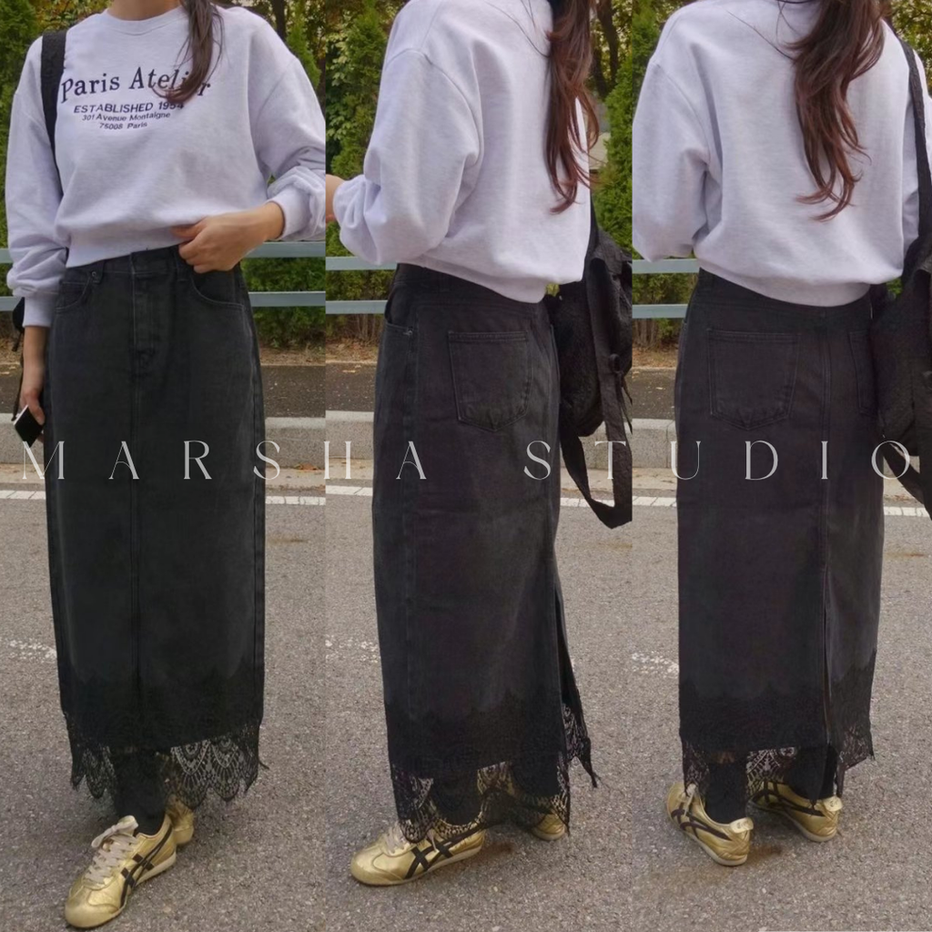 ❮韓國❯6CK13下擺蕾絲拼接後開衩牛仔長裙5