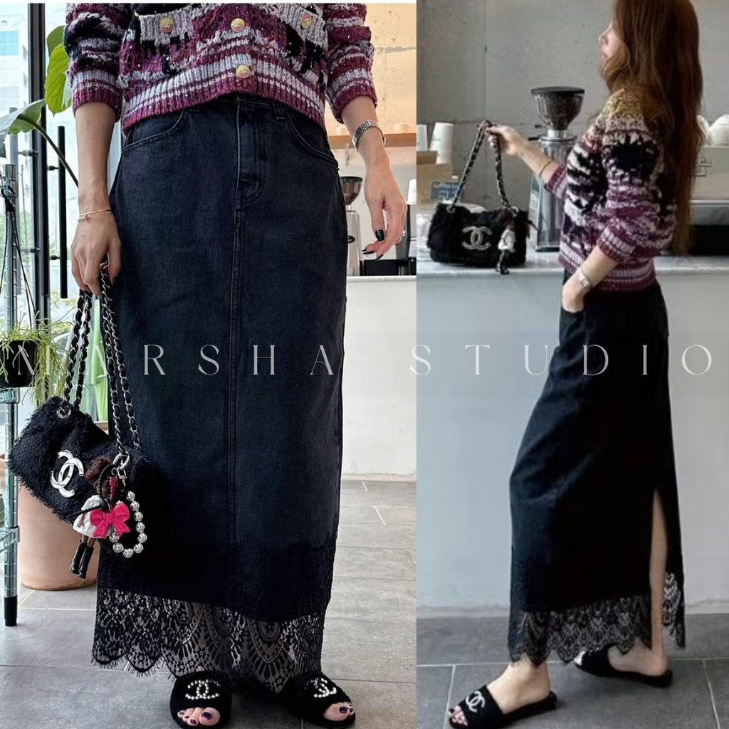 ❮韓國❯6CK13下擺蕾絲拼接後開衩牛仔長裙8