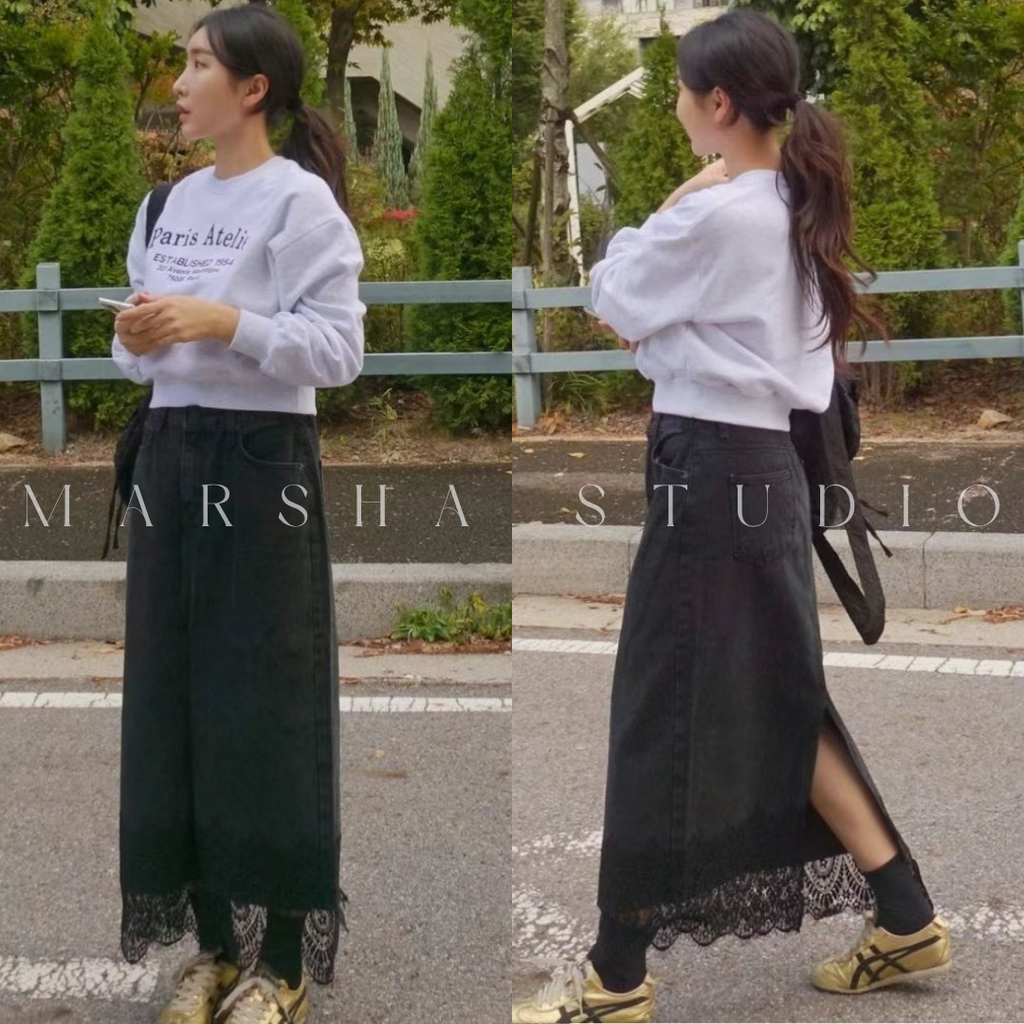 ❮韓國❯6CK13下擺蕾絲拼接後開衩牛仔長裙6