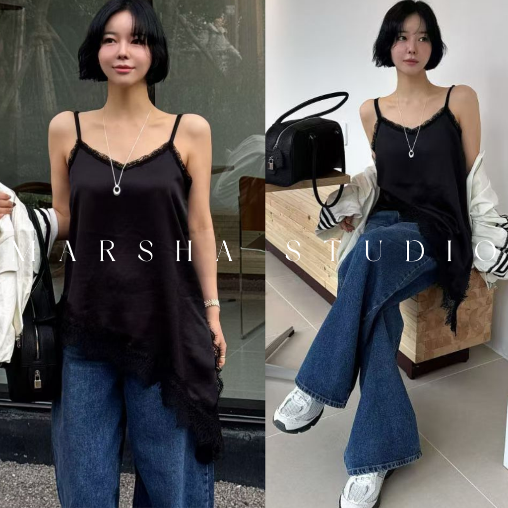 不對稱緞面斜裁蕾絲拼接細肩帶背心8