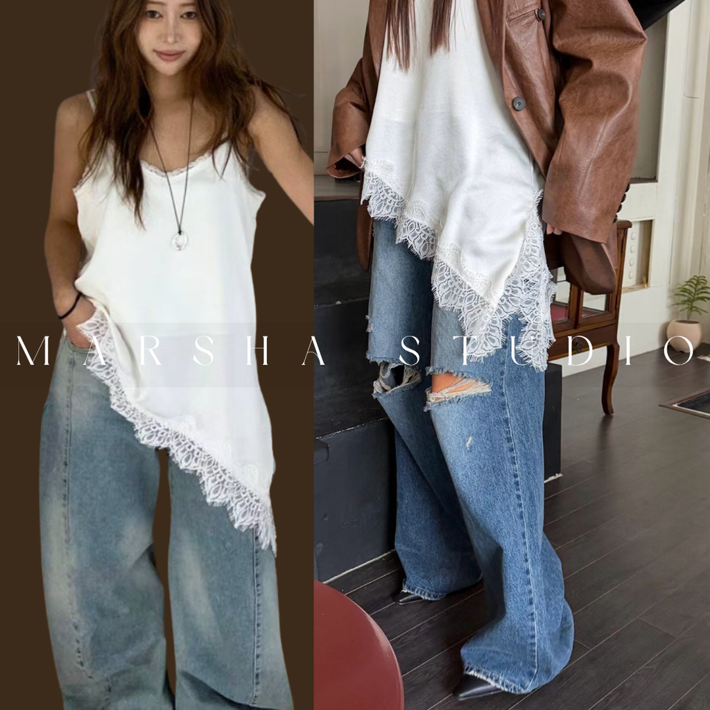 不對稱緞面斜裁蕾絲拼接細肩帶背心3