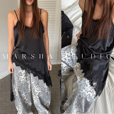 不對稱緞面斜裁蕾絲拼接細肩帶背心1