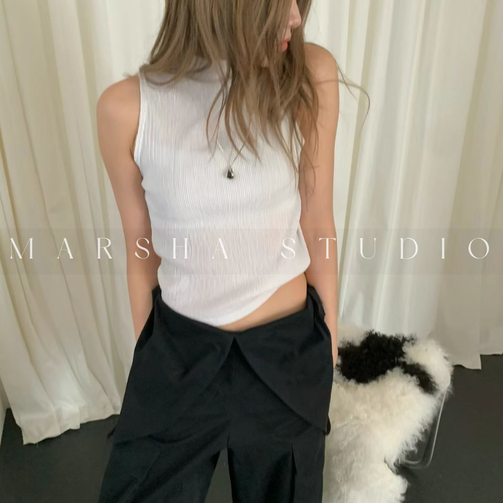 POST❮韓國❯6CK11細坑條兩件式上衣 女微高領背心＋V領斜肩長袖 多穿法設計感套裝10