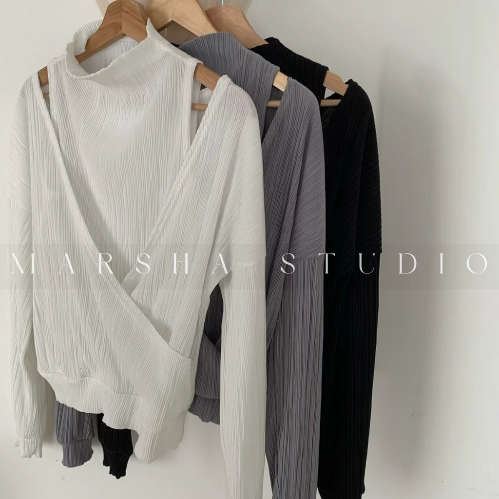 POST❮韓國❯6CK11細坑條兩件式上衣 女微高領背心＋V領斜肩長袖 多穿法設計感套裝11