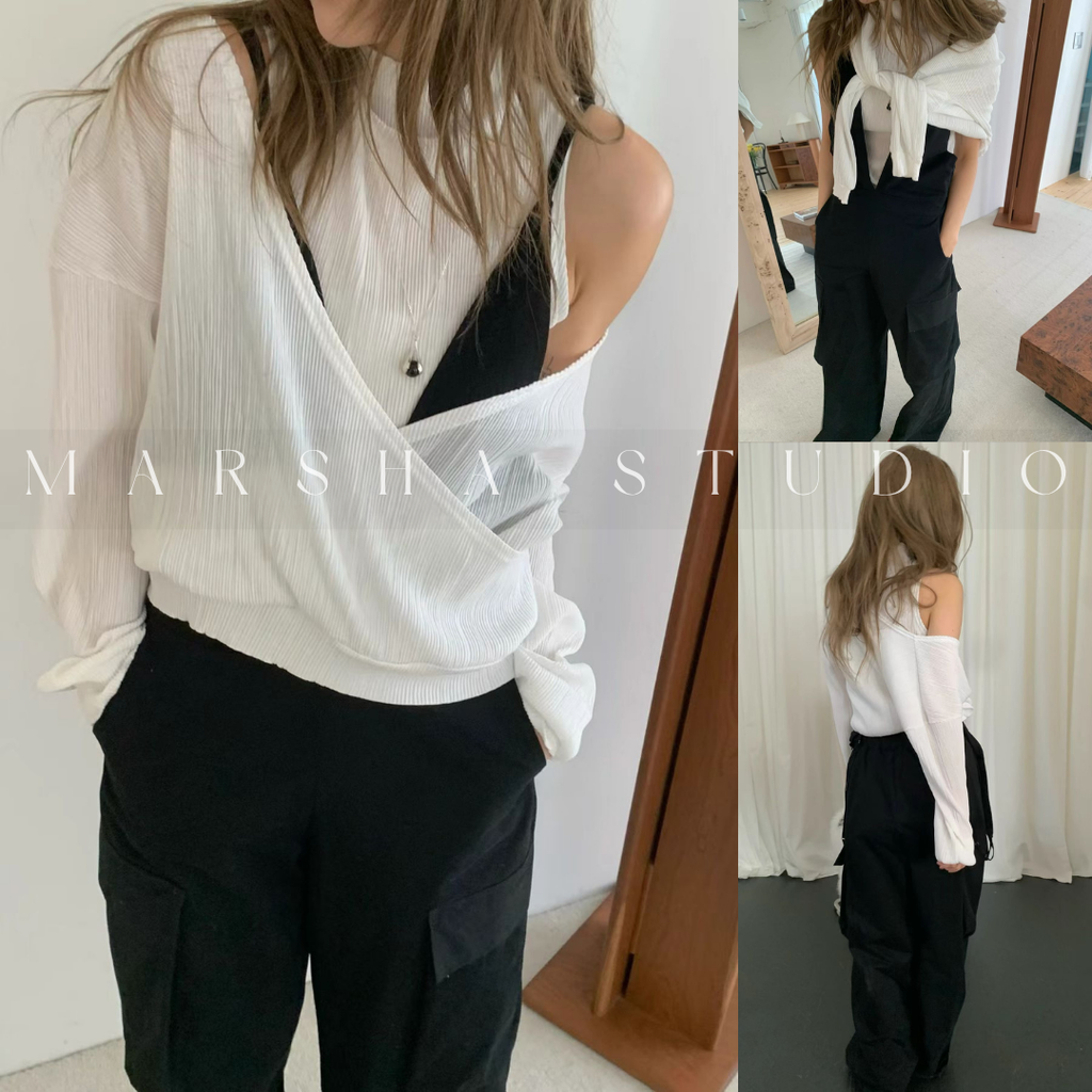 POST❮韓國❯6CK11細坑條兩件式上衣 女微高領背心＋V領斜肩長袖 多穿法設計感套裝9