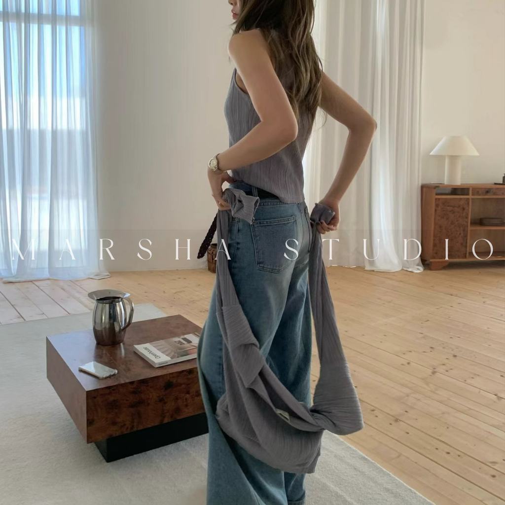 POST❮韓國❯6CK11細坑條兩件式上衣 女微高領背心＋V領斜肩長袖 多穿法設計感套裝3