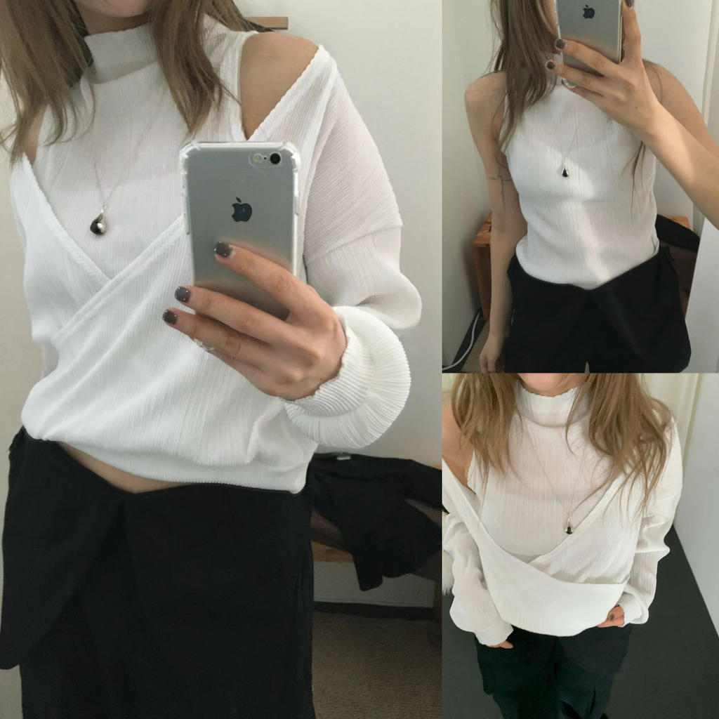 POST❮韓國❯6CK11細坑條兩件式上衣 女微高領背心＋V領斜肩長袖 多穿法設計感套裝8