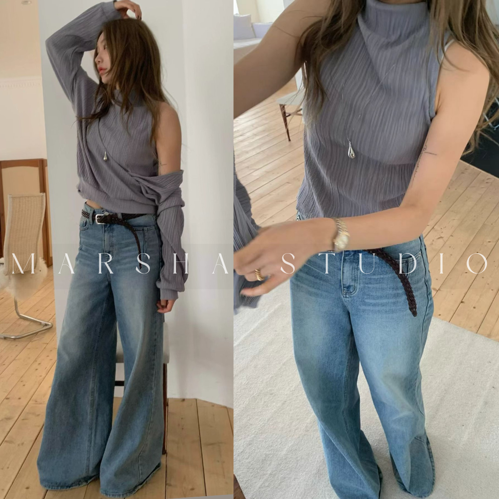 POST❮韓國❯6CK11細坑條兩件式上衣 女微高領背心＋V領斜肩長袖 多穿法設計感套裝2