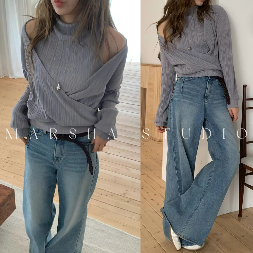 POST❮韓國❯6CK11細坑條兩件式上衣 女微高領背心＋V領斜肩長袖 多穿法設計感套裝0