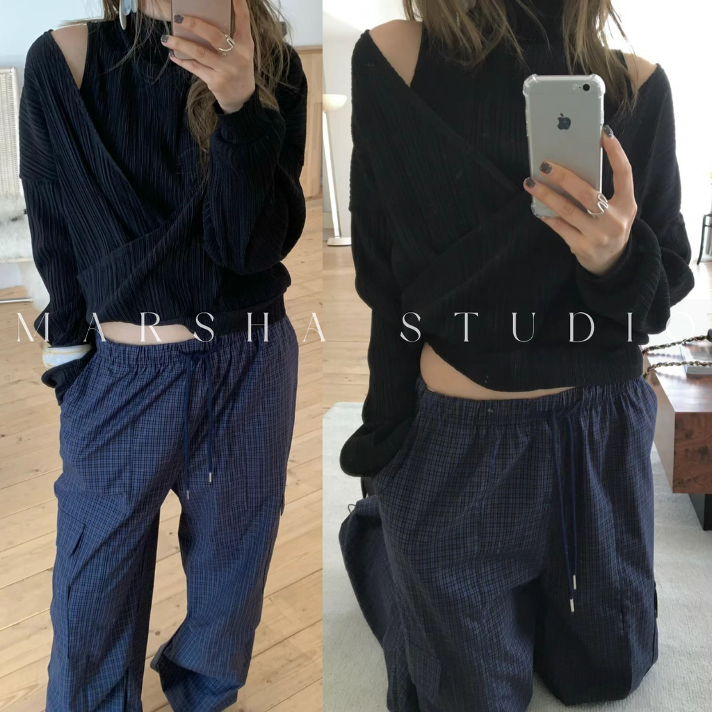 POST❮韓國❯6CK11細坑條兩件式上衣 女微高領背心＋V領斜肩長袖 多穿法設計感套裝4