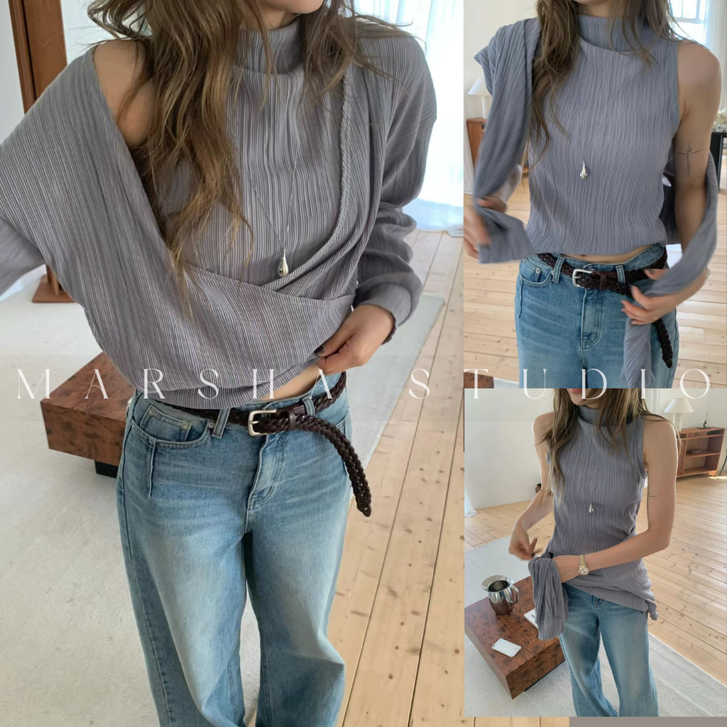 POST❮韓國❯6CK11細坑條兩件式上衣 女微高領背心＋V領斜肩長袖 多穿法設計感套裝1