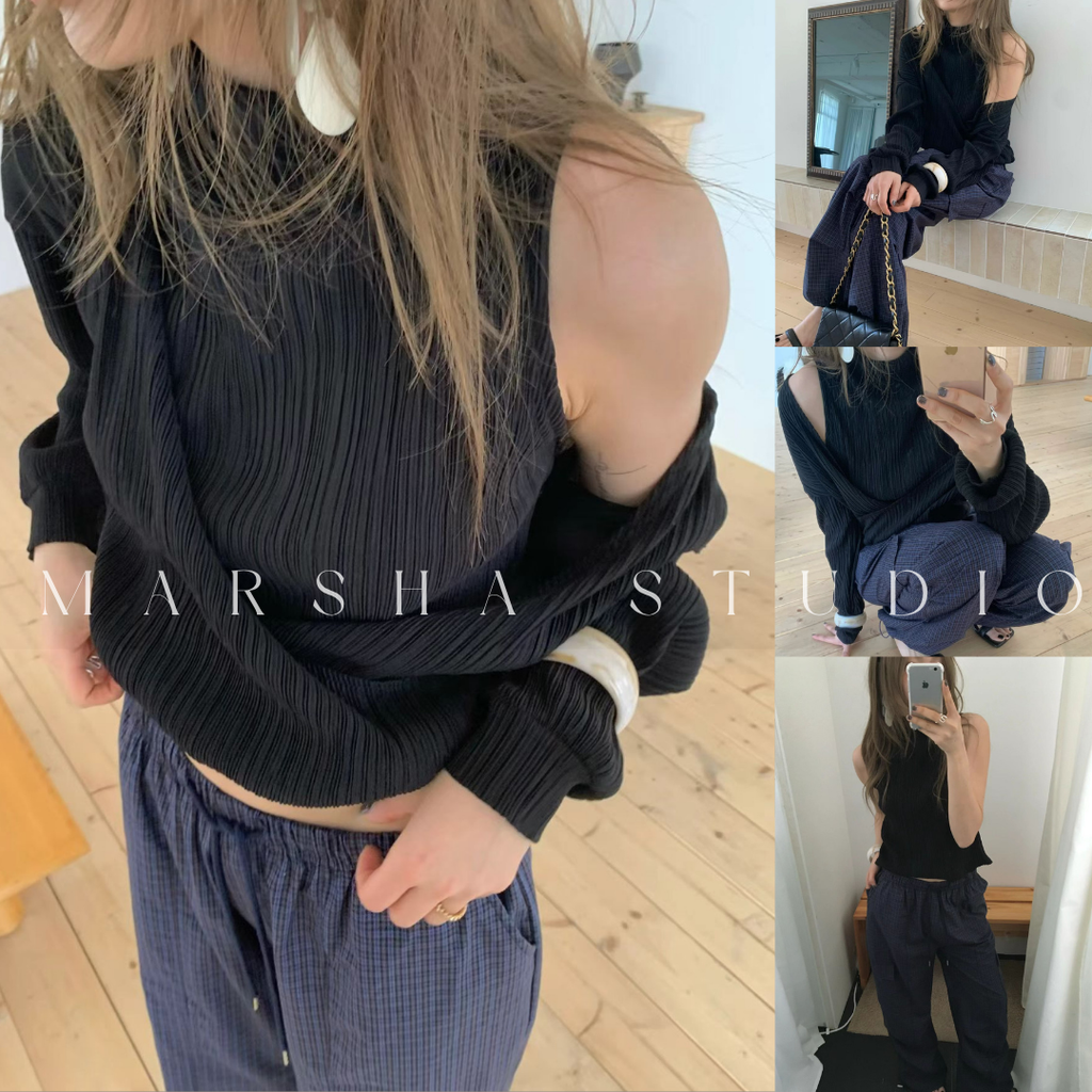 POST❮韓國❯6CK11細坑條兩件式上衣 女微高領背心＋V領斜肩長袖 多穿法設計感套裝6