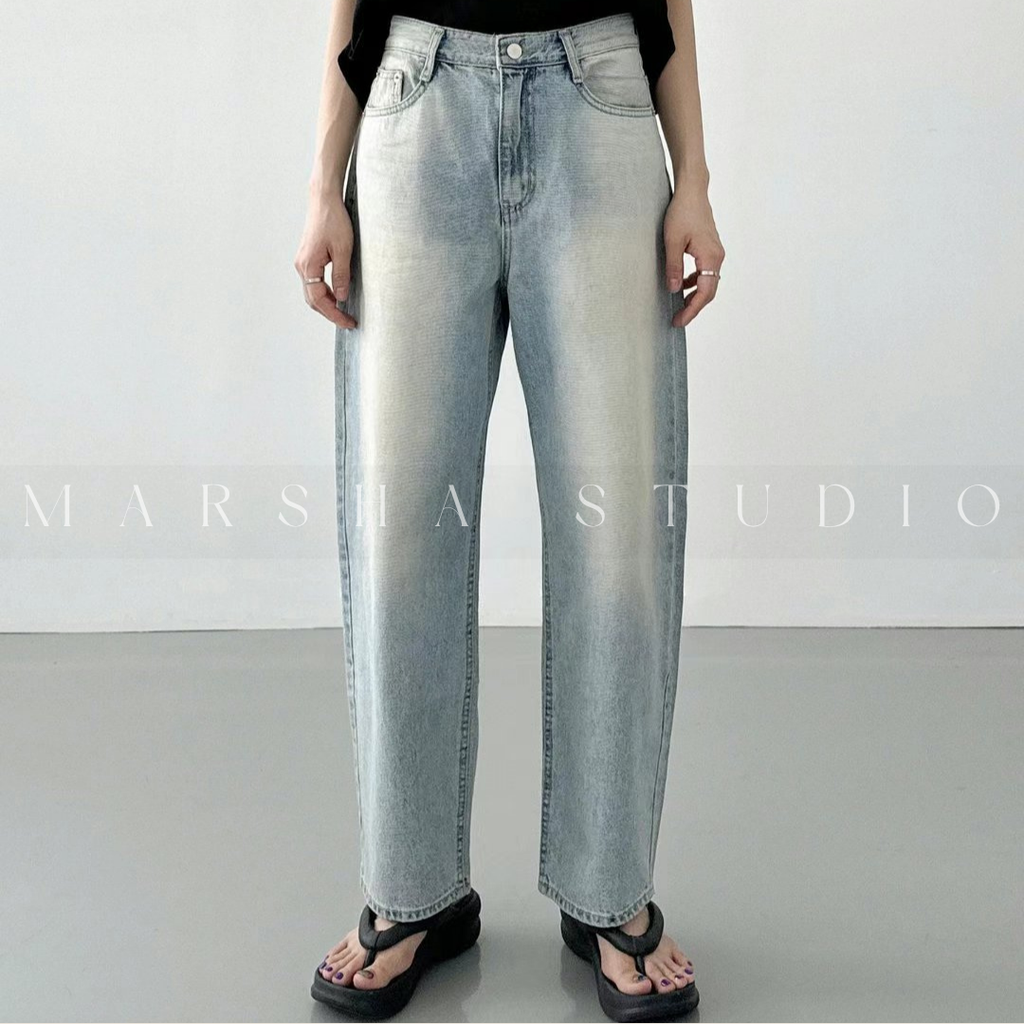 POST❮韓國❯6CK09水洗刷色弧形牛仔褲 女高腰顯瘦寬鬆直筒褲 微氣球版型丹寧長褲2