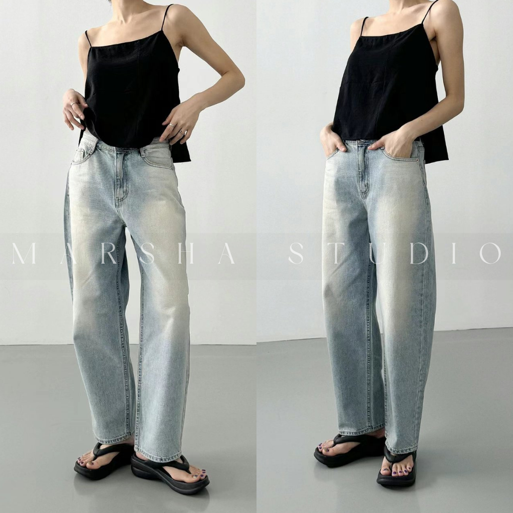 POST❮韓國❯6CK09水洗刷色弧形牛仔褲 女高腰顯瘦寬鬆直筒褲 微氣球版型丹寧長褲4