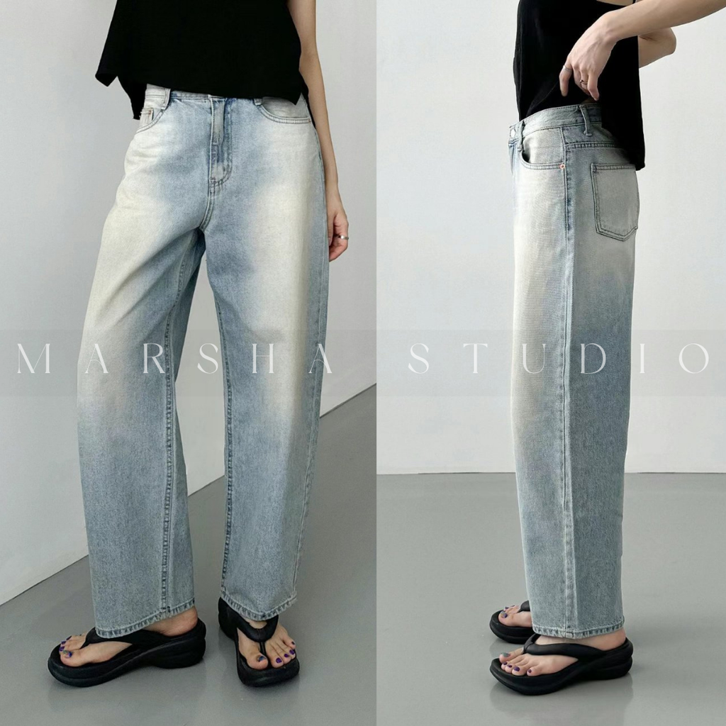 POST❮韓國❯6CK09水洗刷色弧形牛仔褲 女高腰顯瘦寬鬆直筒褲 微氣球版型丹寧長褲0