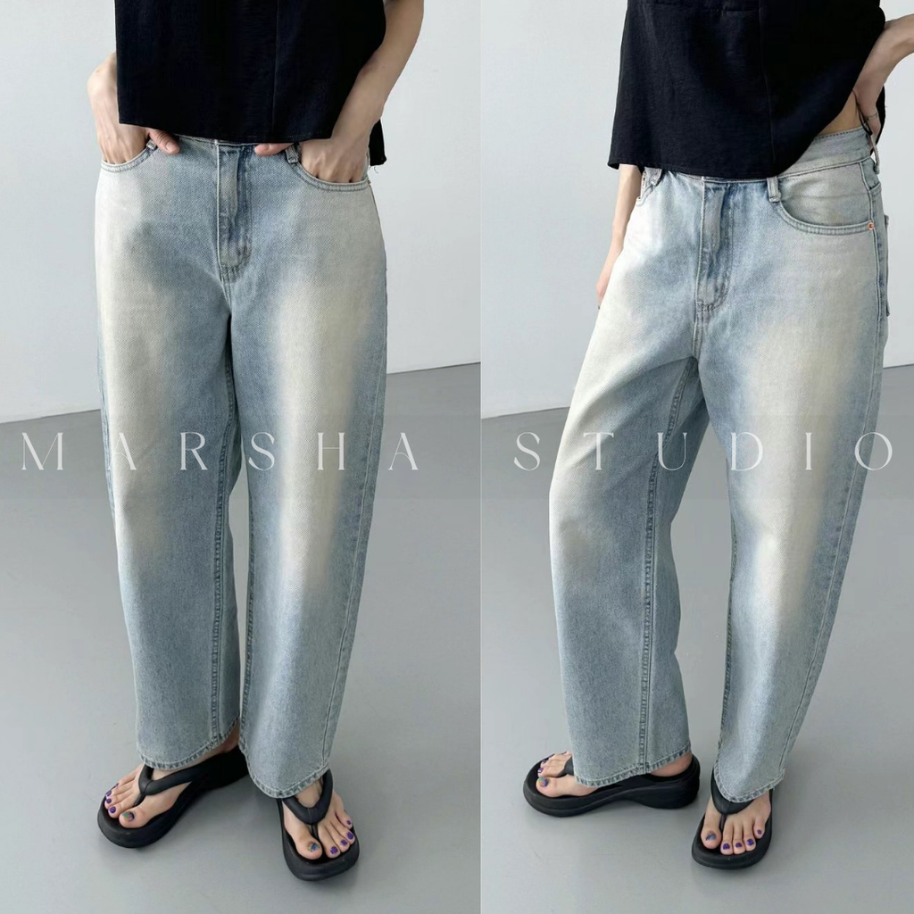 POST❮韓國❯6CK09水洗刷色弧形牛仔褲 女高腰顯瘦寬鬆直筒褲 微氣球版型丹寧長褲1