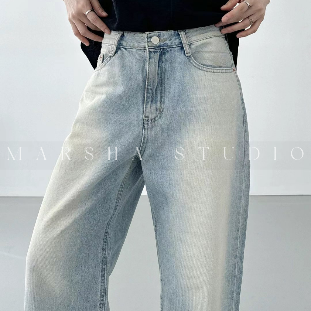 POST❮韓國❯6CK09水洗刷色弧形牛仔褲 女高腰顯瘦寬鬆直筒褲 微氣球版型丹寧長褲3