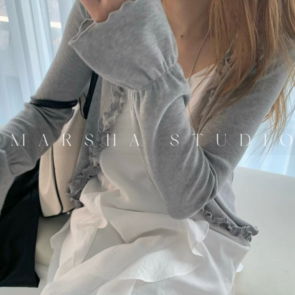 POST❮韓國❯6CK06荷葉滾邊V領開襟長袖上衣 袖口抓皺造型修身外搭⏝現貨+預購 ꩜ MARSHA STUDIO8