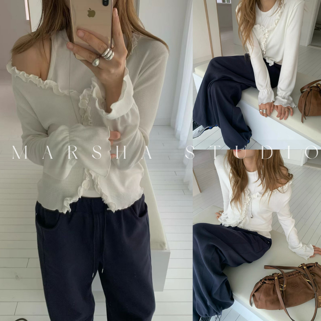 POST❮韓國❯6CK06荷葉滾邊V領開襟長袖上衣 袖口抓皺造型修身外搭⏝現貨+預購 ꩜ MARSHA STUDIO5