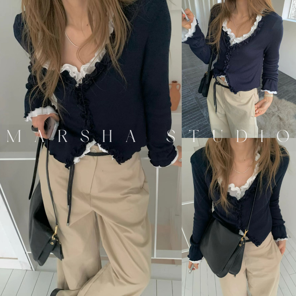 POST❮韓國❯6CK06荷葉滾邊V領開襟長袖上衣 袖口抓皺造型修身外搭⏝現貨+預購 ꩜ MARSHA STUDIO2