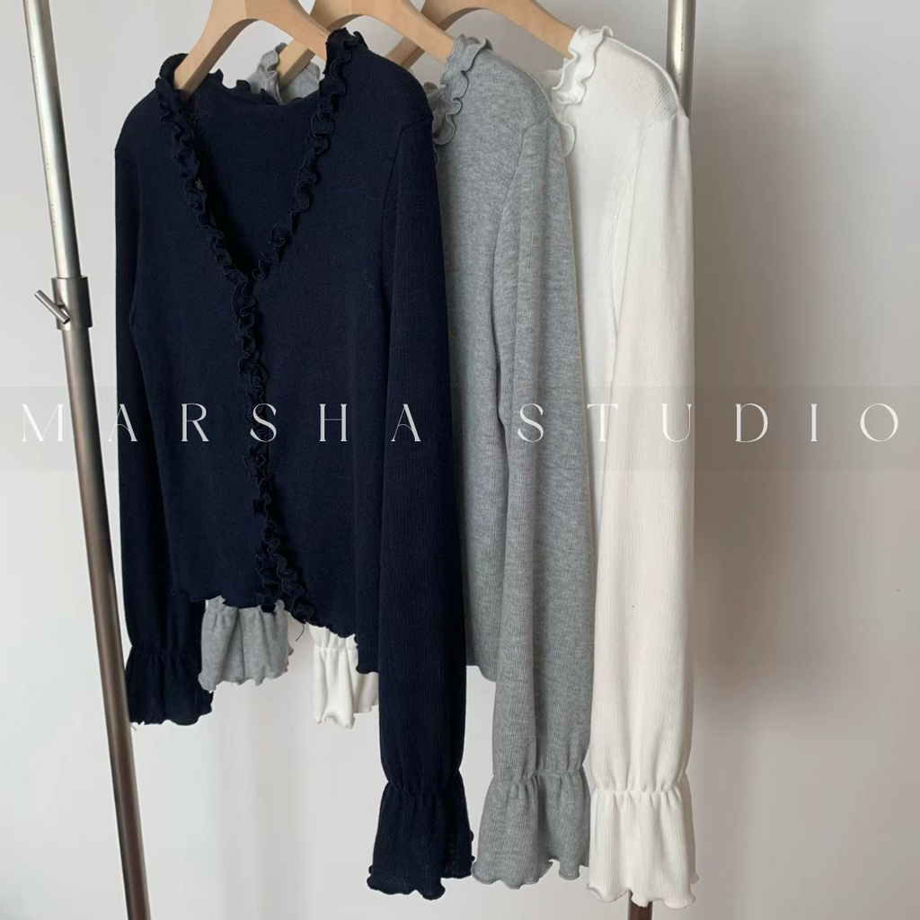 POST❮韓國❯6CK06荷葉滾邊V領開襟長袖上衣 袖口抓皺造型修身外搭⏝現貨+預購 ꩜ MARSHA STUDIO12