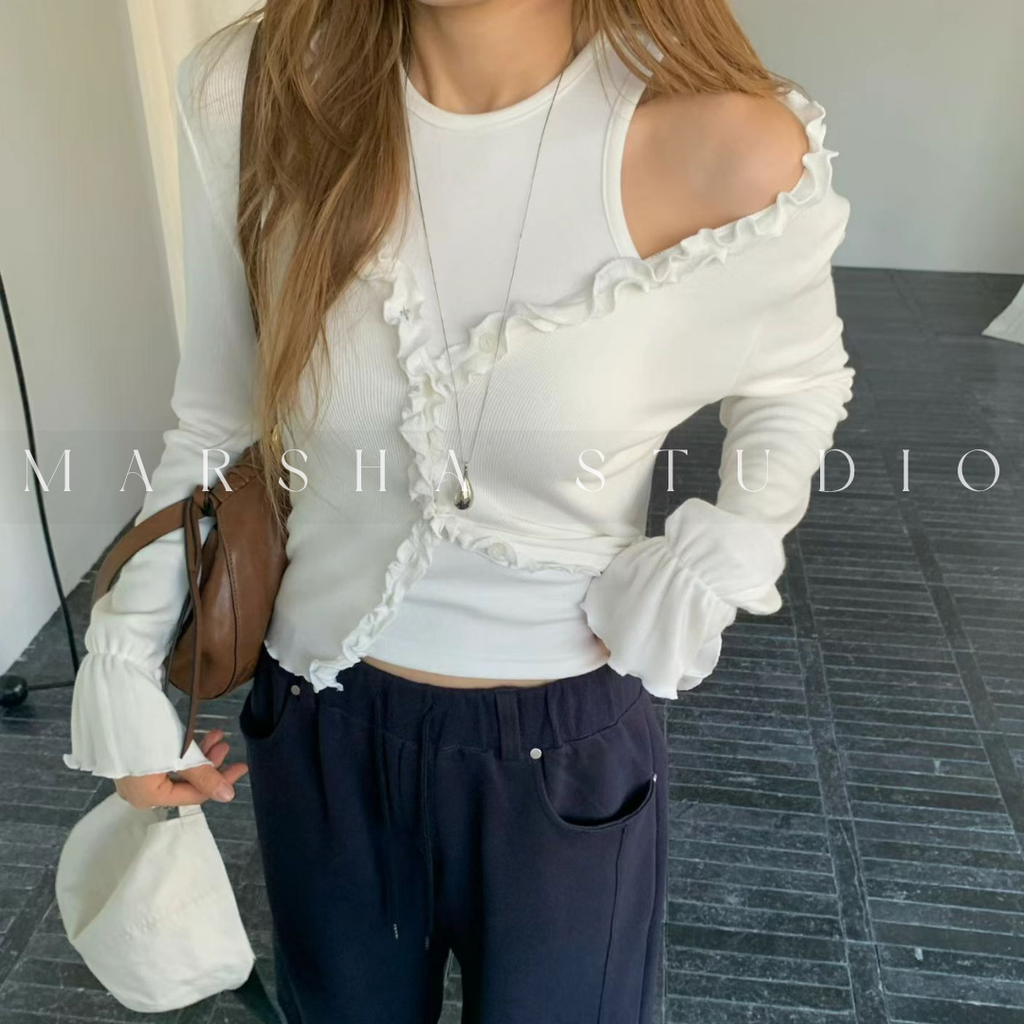 POST❮韓國❯6CK06荷葉滾邊V領開襟長袖上衣 袖口抓皺造型修身外搭⏝現貨+預購 ꩜ MARSHA STUDIO4
