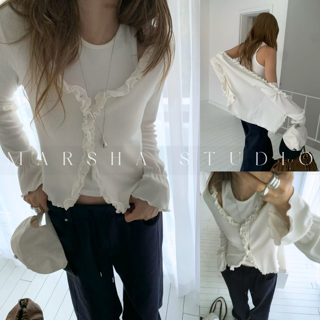 POST❮韓國❯6CK06荷葉滾邊V領開襟長袖上衣 袖口抓皺造型修身外搭⏝現貨+預購 ꩜ MARSHA STUDIO6