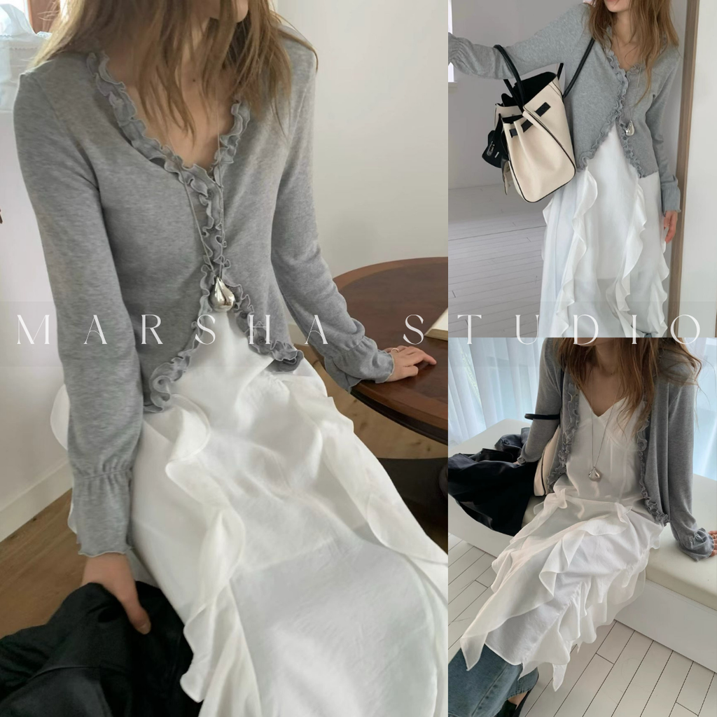 POST❮韓國❯6CK06荷葉滾邊V領開襟長袖上衣 袖口抓皺造型修身外搭⏝現貨+預購 ꩜ MARSHA STUDIO10