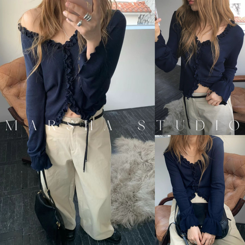 POST❮韓國❯6CK06荷葉滾邊V領開襟長袖上衣 袖口抓皺造型修身外搭⏝現貨+預購 ꩜ MARSHA STUDIO1