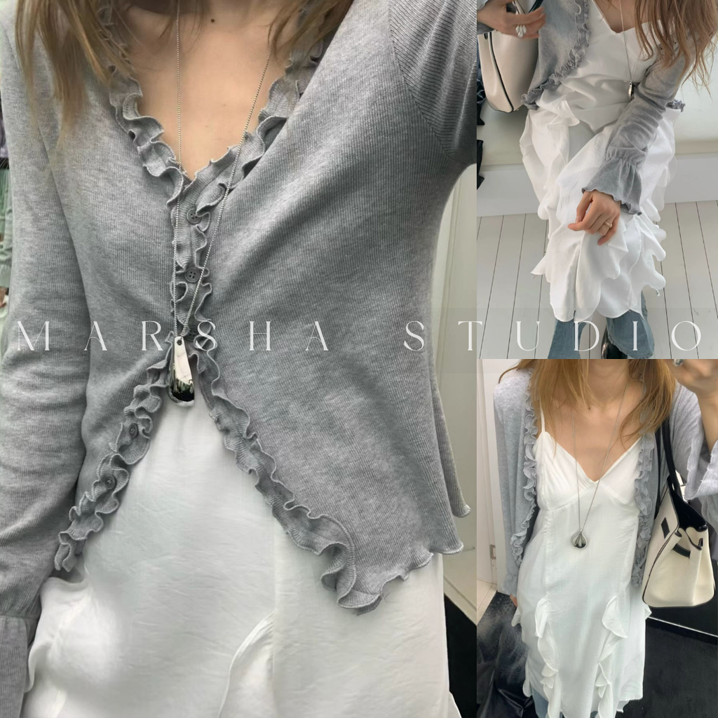 POST❮韓國❯6CK06荷葉滾邊V領開襟長袖上衣 袖口抓皺造型修身外搭⏝現貨+預購 ꩜ MARSHA STUDIO11