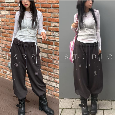 POST❮韓國❯6CK05星星金屬孔洞抽繩鬆緊腰直筒束口棉褲 運動褲 休閒長褲0