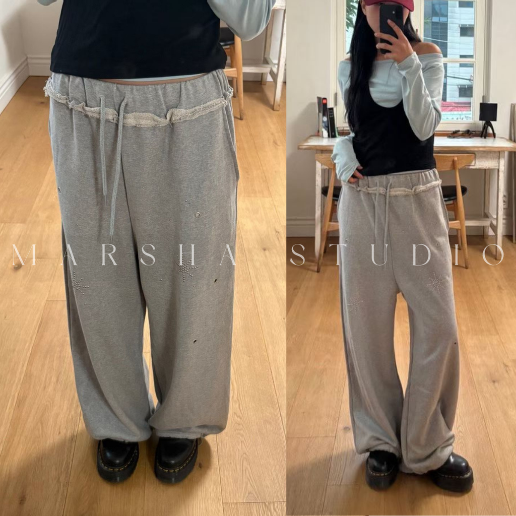 POST❮韓國❯6CK05星星金屬孔洞抽繩鬆緊腰直筒束口棉褲 運動褲 休閒長褲1