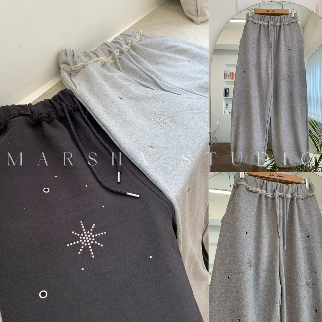 POST❮韓國❯6CK05星星金屬孔洞抽繩鬆緊腰直筒束口棉褲 運動褲 休閒長褲3