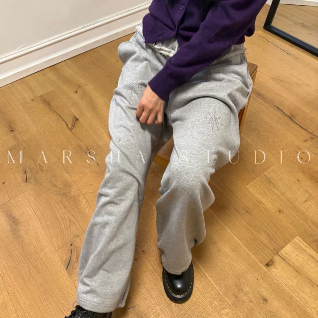 POST❮韓國❯6CK05星星金屬孔洞抽繩鬆緊腰直筒束口棉褲 運動褲 休閒長褲4