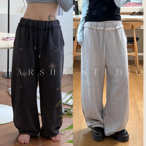 POST❮韓國❯6CK05星星金屬孔洞抽繩鬆緊腰直筒束口棉褲 運動褲 休閒長褲5